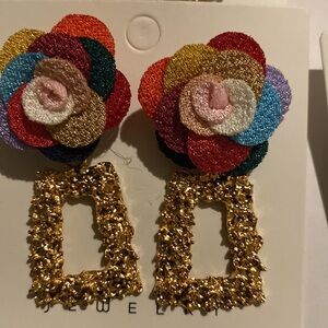 ✨❤️ Statement Rainbow Floral Drop Earrings | Gold Textured Rectangle Dangle 💛✨